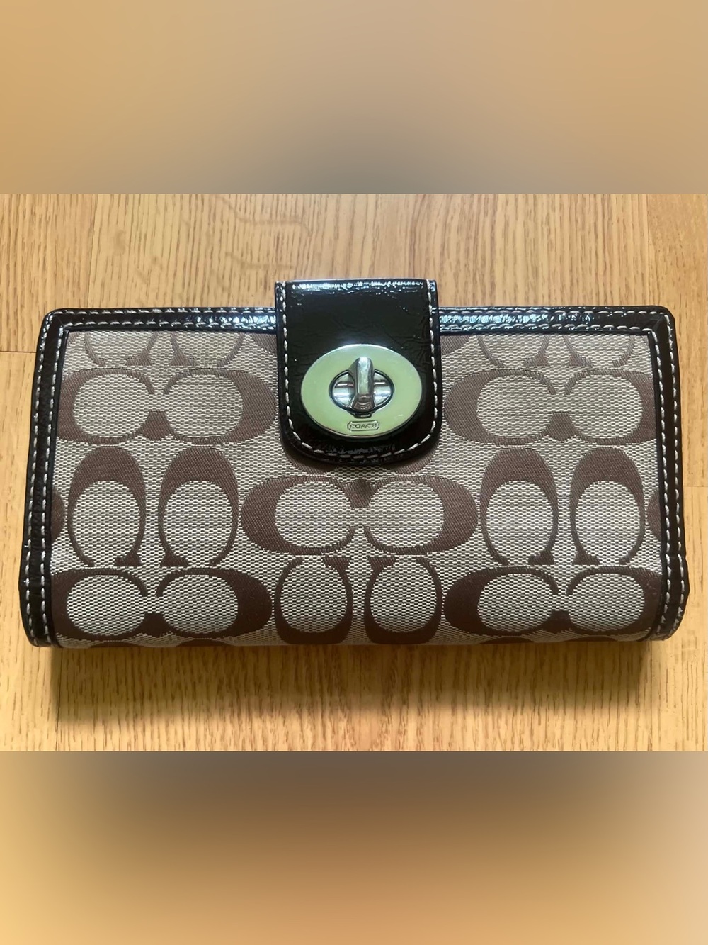 Coach Brown Signature Canvas Wallet with Dark Patent Trim